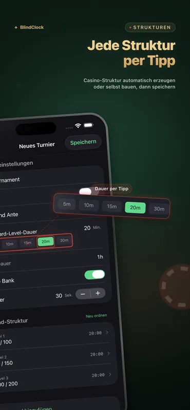 Blindstruktur-Generator mit Level-Längen per Tipp und Blind-Plan im Casino-Stil