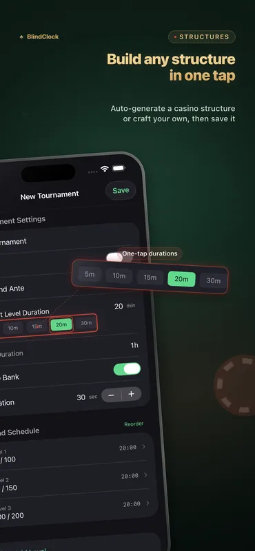 Blind structure generator with one-tap level durations and a casino-style blind schedule