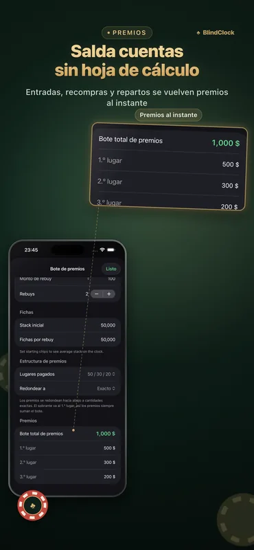Calculadora de premios de póker con la bolsa total y los montos inmediatos de los tres primeros lugares
