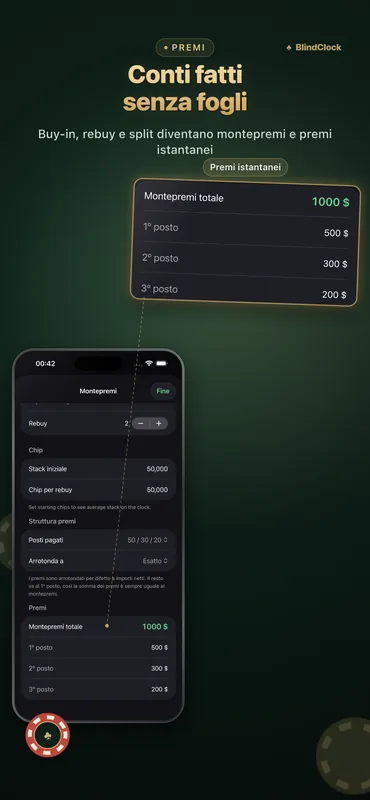 Calcolatore dei payout con montepremi e importi immediati per i primi tre posti
