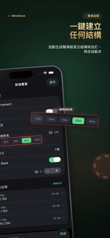 盲注結構產生器,一鍵選擇級別長度,自動產生賭場風格盲注表